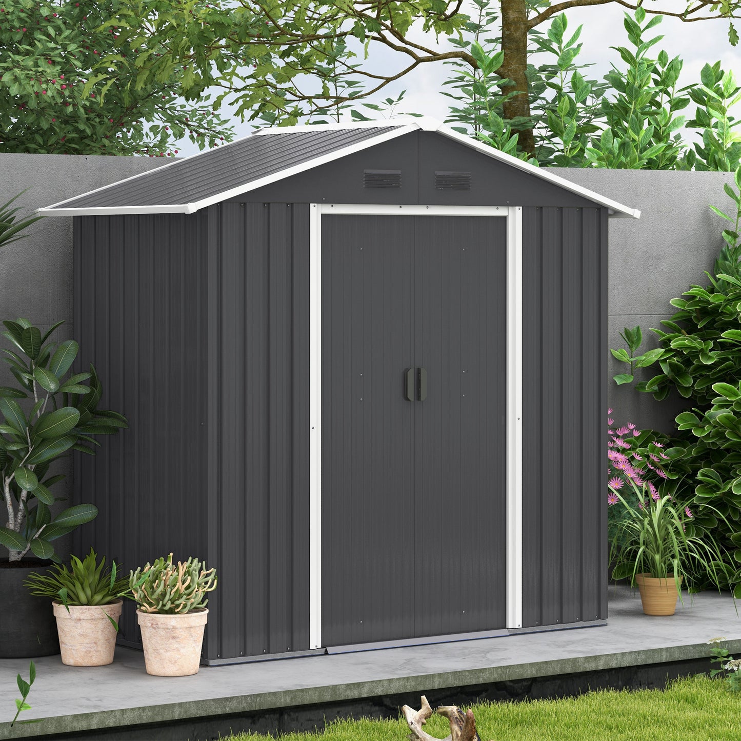 Outsunny 6.5x3.5ft Outdoor Metal Storage Shed with Double Sliding Doors and Ventilation in Dark Grey - ALL4U RETAILER LTD