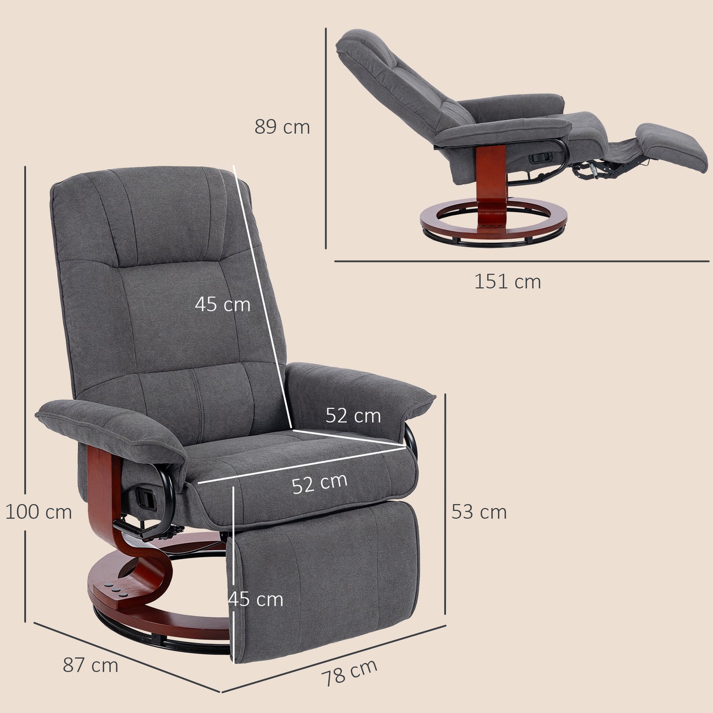 HOMCOM Reclining Swivel Chair With Manual Footrest In Grey Upholstered Armchair For Living Room And Home Office Comfort