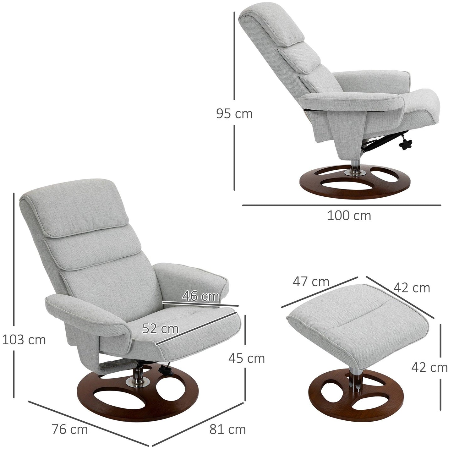 HOMCOM Recliner Chair Ottoman Set 360° Swivel Sofa Wood Base Grey - ALL4U RETAILER LTD