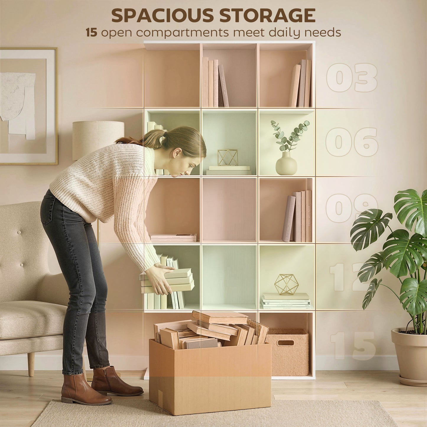 HOMCOM 5 Tier S Shaped Geometric Bookcase With 15 Compartments White Wood Effect Bookshelf