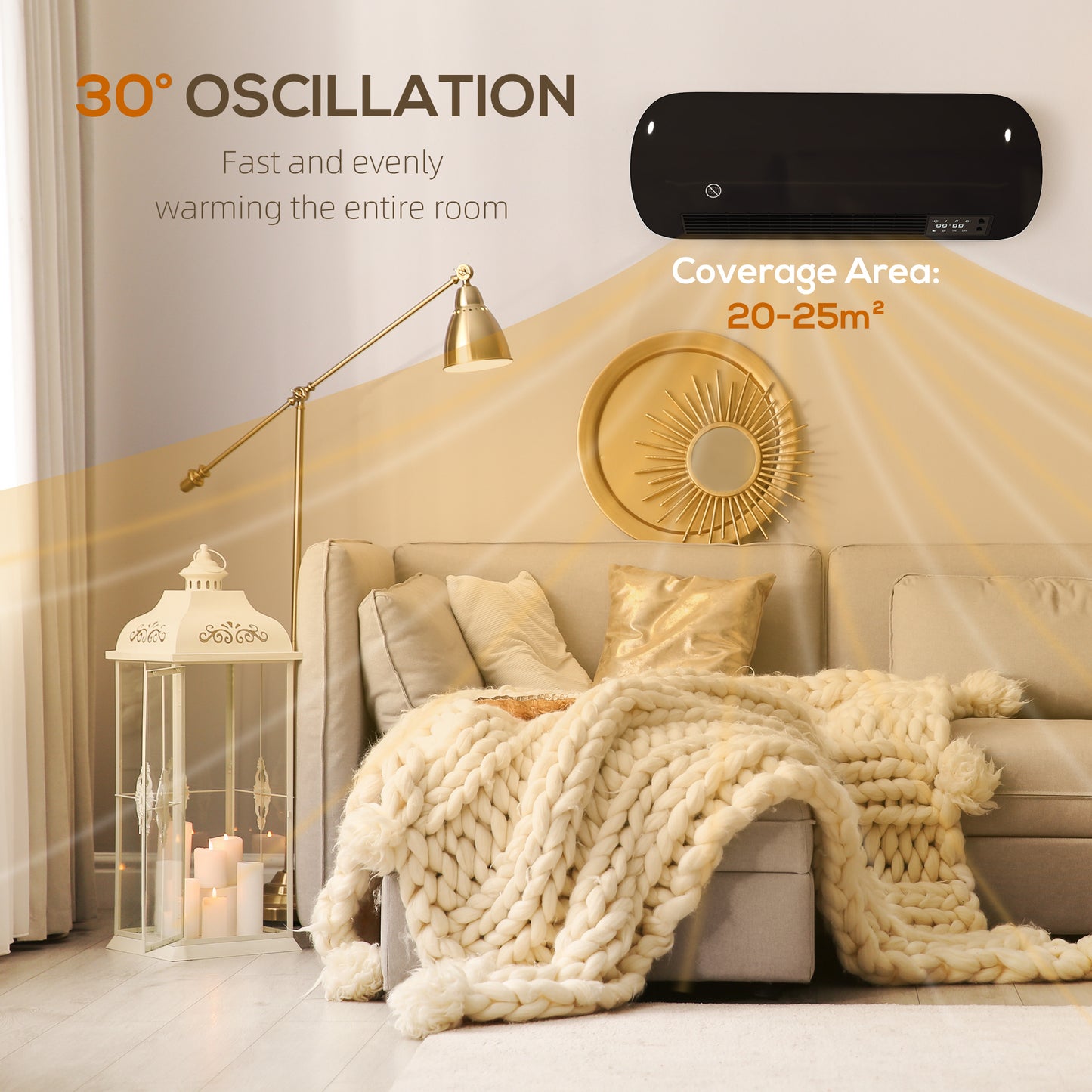 HOMCOM 2000W Ceramic Electric Heater with Fan and Adjustable Thermostat Wall Mounted Black
