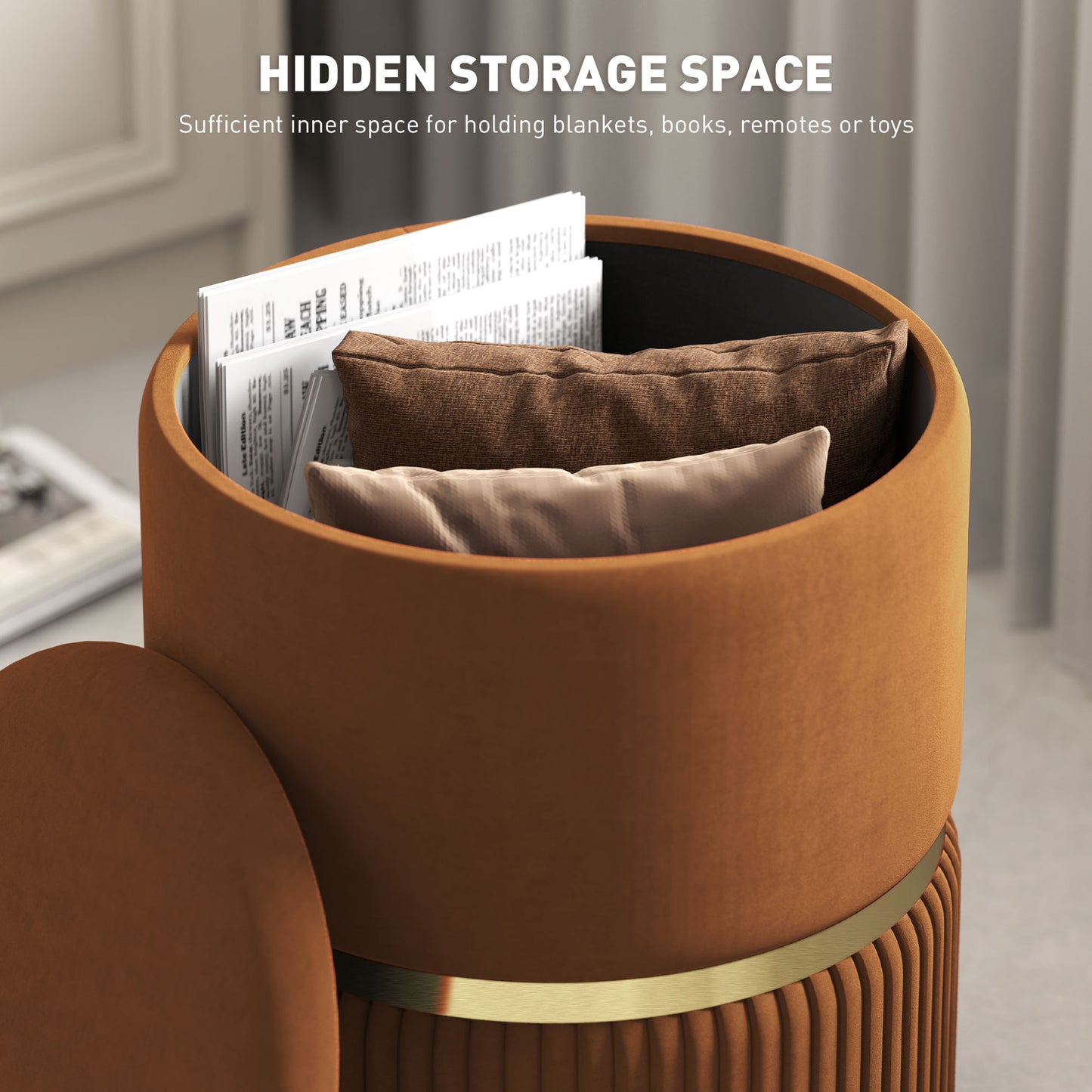 HOMCOM Velvet-Feel Storage Ottoman Brown With Hidden Storage, Sturdy MDF Frame And Protective Foot Pads