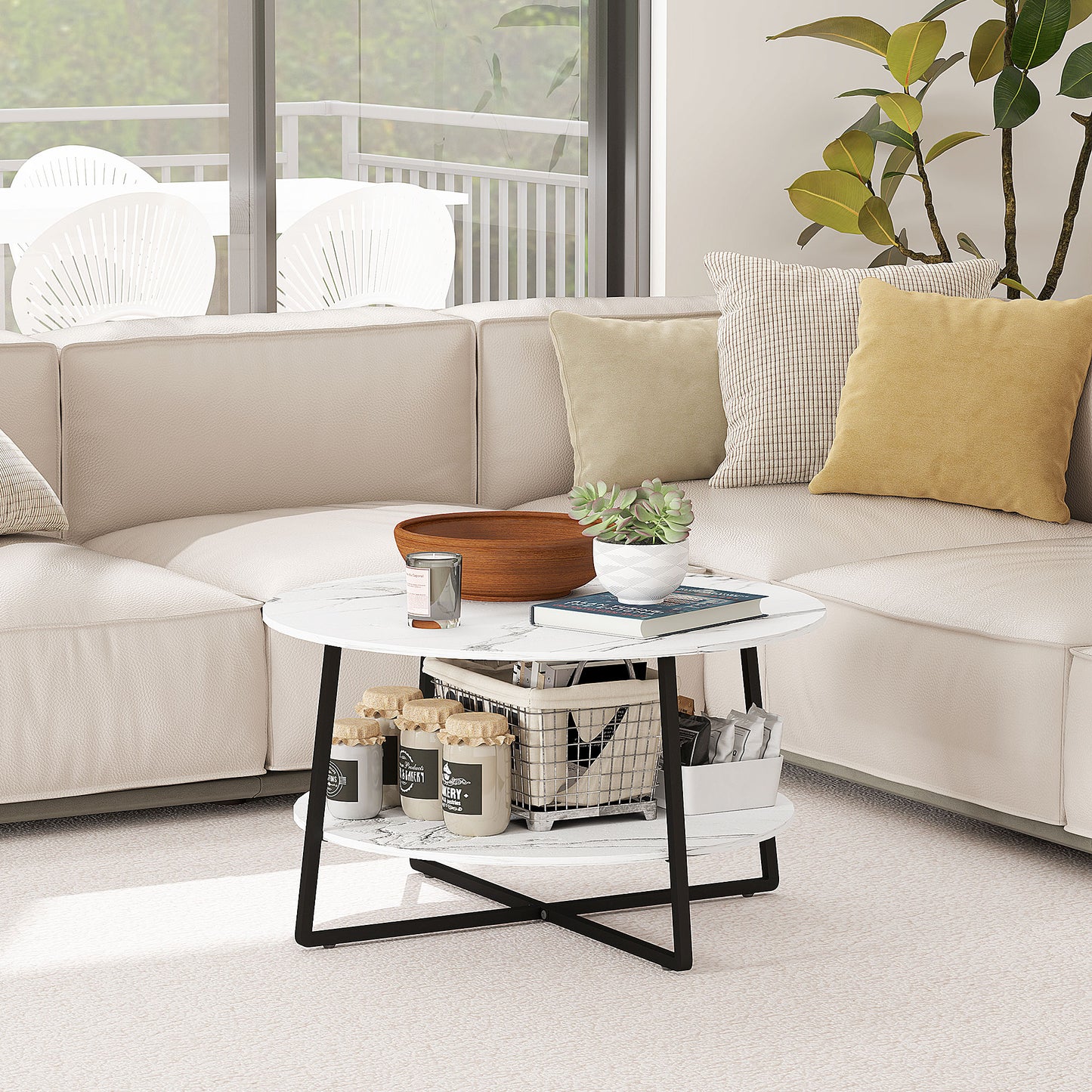 HOMCOM Round Two Tier Marble Effect Coffee Table White Black Finish With Adjustable Foot Pads