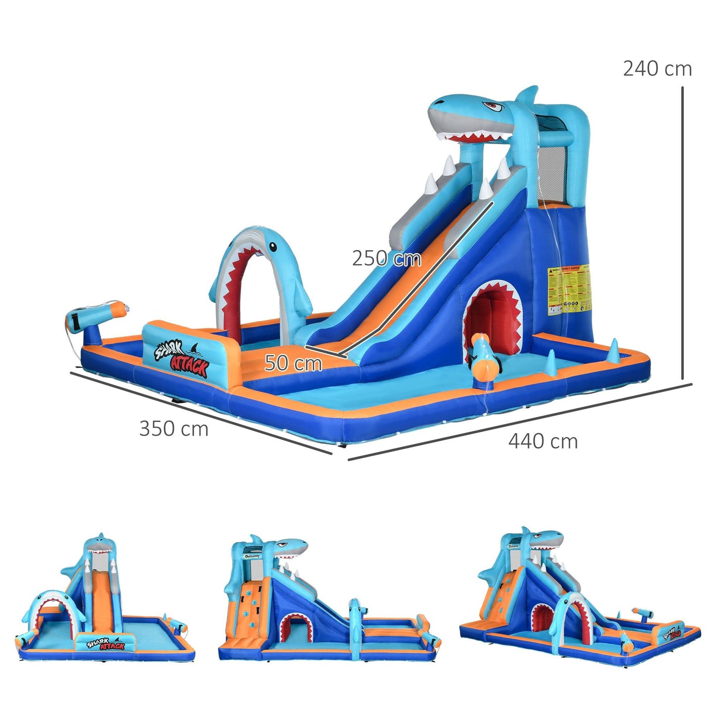 Outsunny 6 in 1 Shark-Themed Bouncy Castle, Inflatable Water Park, with Slide, Pool, Trampoline, Blower, for Ages 3-8 Years - ALL4U RETAILER LTD