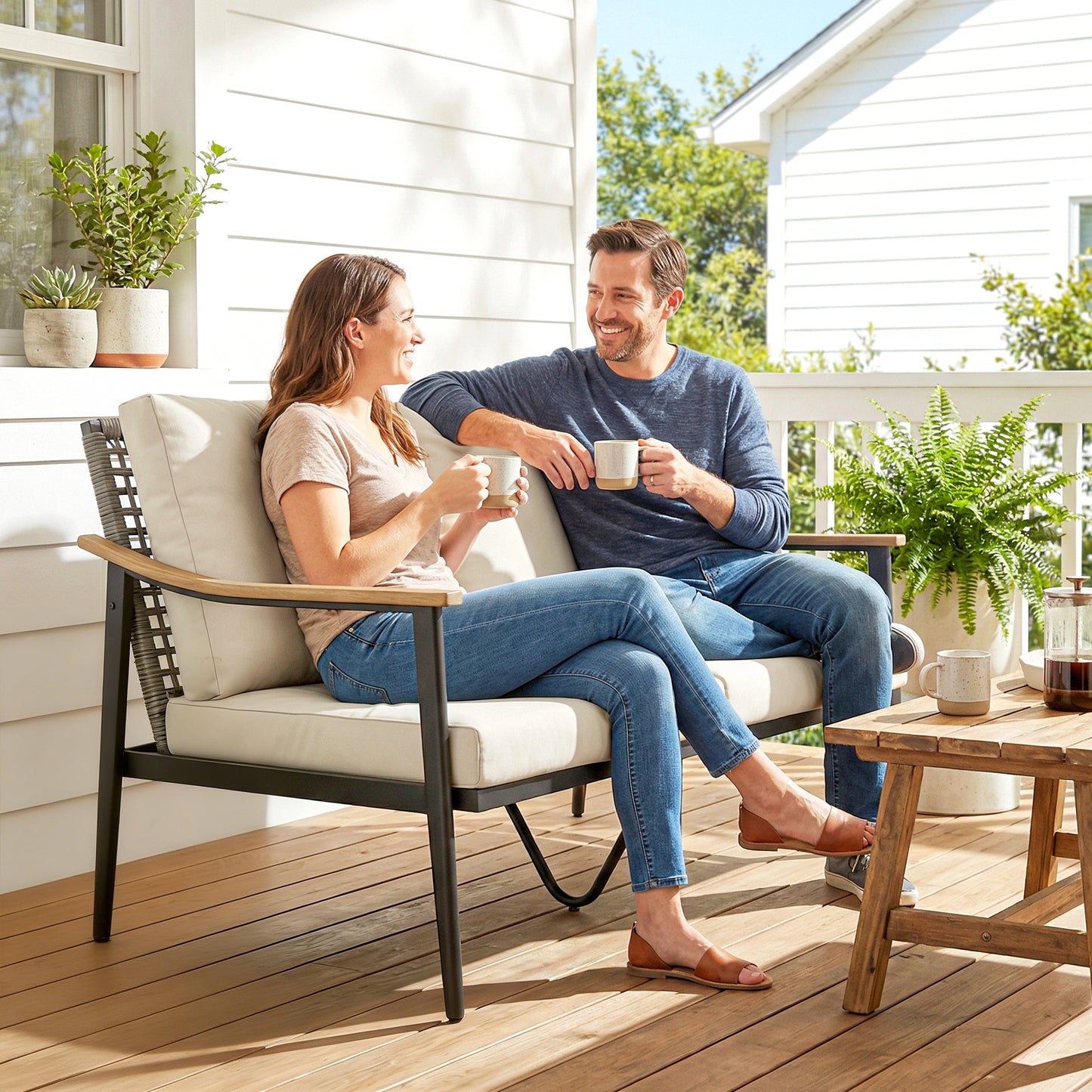 Outsunny 2 Seater Rattan Sofa Outdoor Garden Sofa With Wood Effect Armrests Cushions For Patio Balcony Khaki