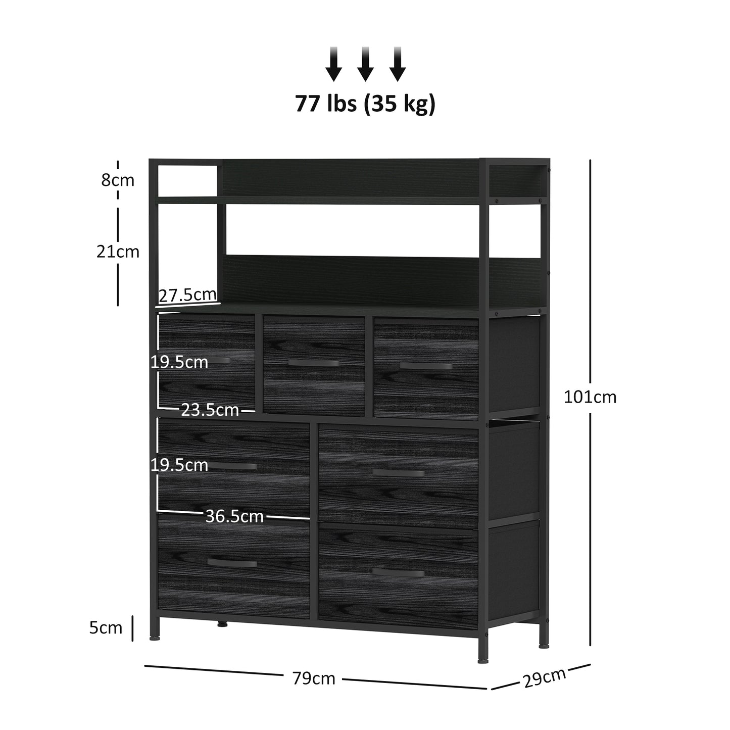 HOMCOM Rustic Chest of Seven Fabric Drawers in Black for Bedroom Storage Solutions