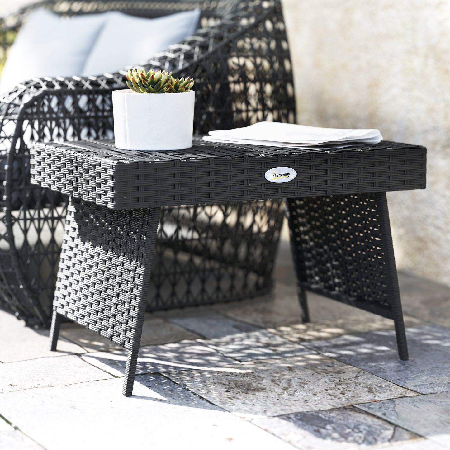 Outsunny Foldable Outdoor Side Table Rattan Garden Table With Steel Frame Space Saving Patio Balcony Black 60x41x41 Cm