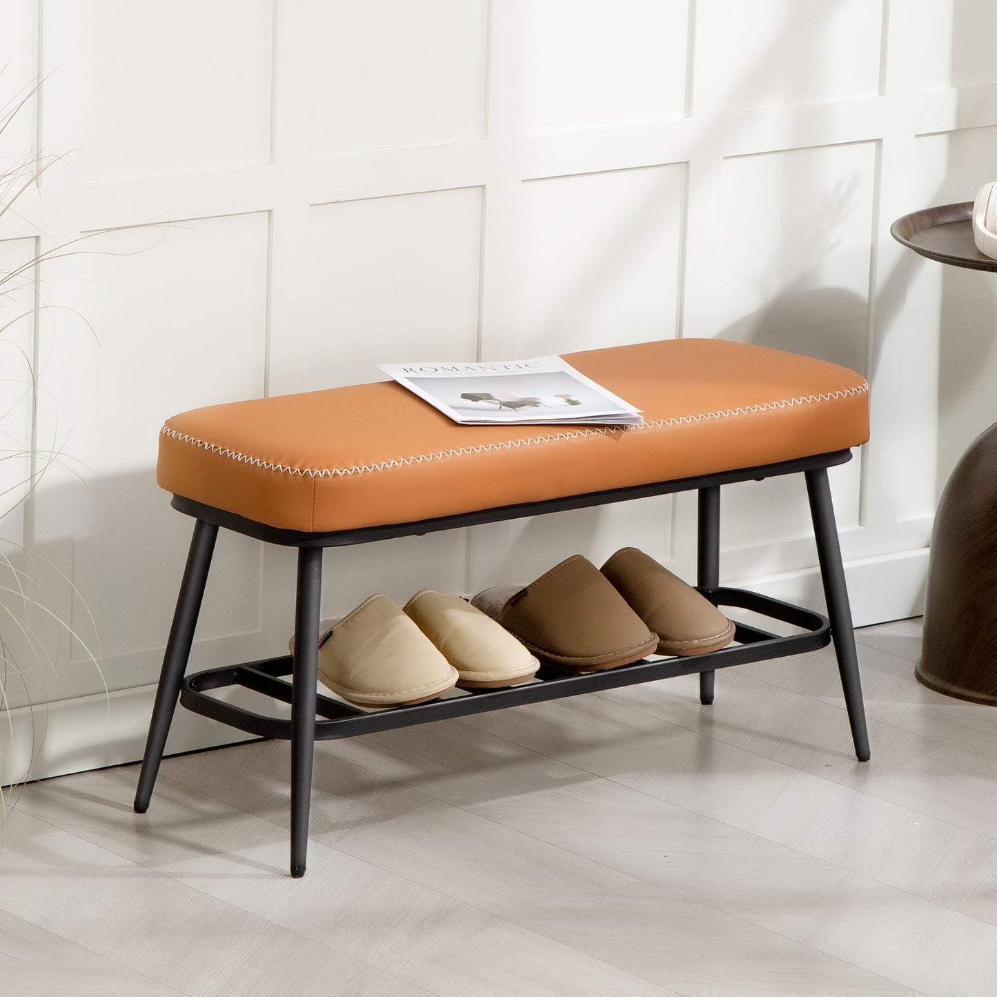 HOMCOM PU Leather Shoe Storage Bench Brown With Plush 7 cm Cushion And 120 Kg Capacity