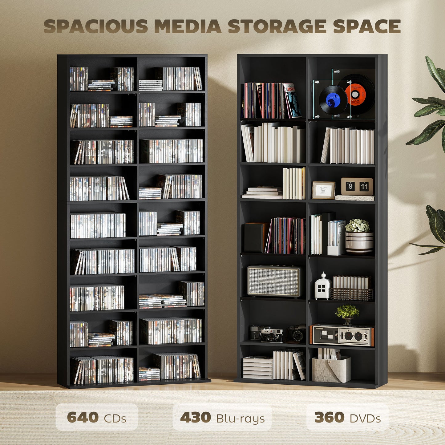 HOMCOM 640 CD Storage Tower Black With 14 Adjustable Shelves Holds 640 CDs Or 360 DVDs Anti Tipping