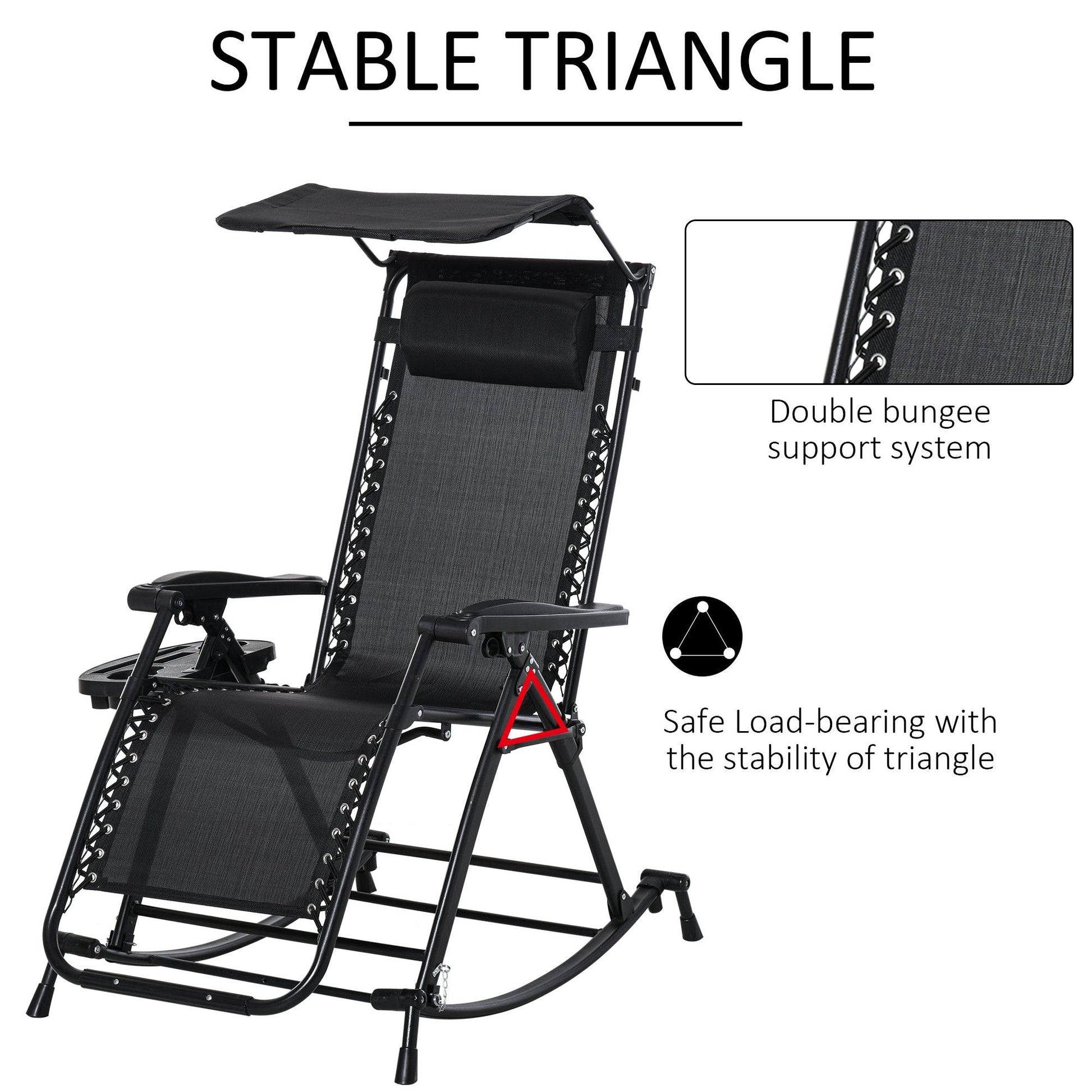 Outsunny Folding Rocking Chair with Headrest and Side Holder - Black - ALL4U RETAILER LTD