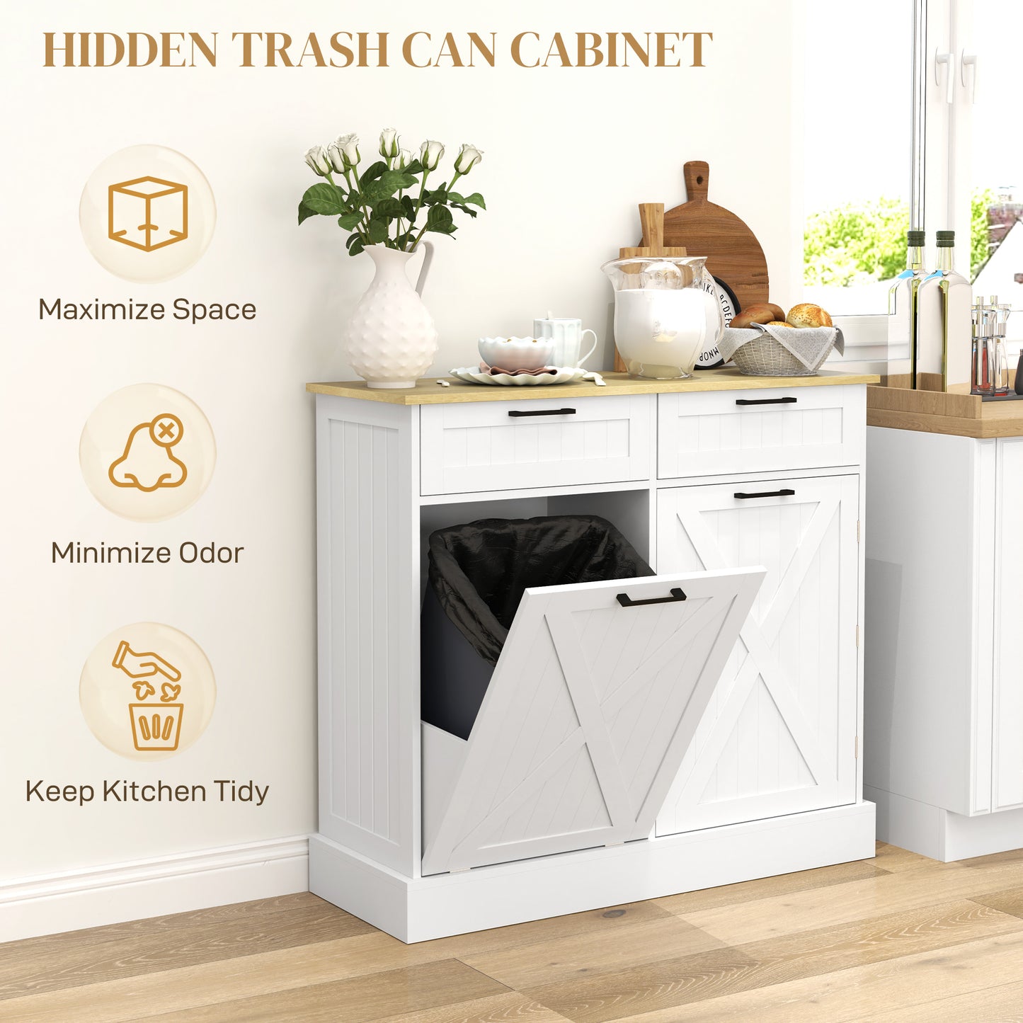 HOMCOM Farmhouse Sideboard With Tilt Out Trash Bin, White Finish, 2 Drawers, Adjustable Shelves, Door Racks
