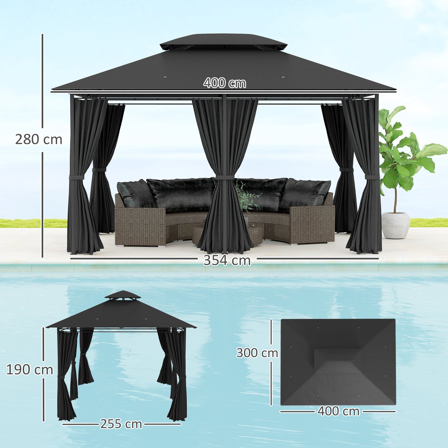Outsunny 3x4m Steel Gazebo With UV Resistant Curtains Black Outdoor Party Shelter Two Tier Roof Ground Stakes