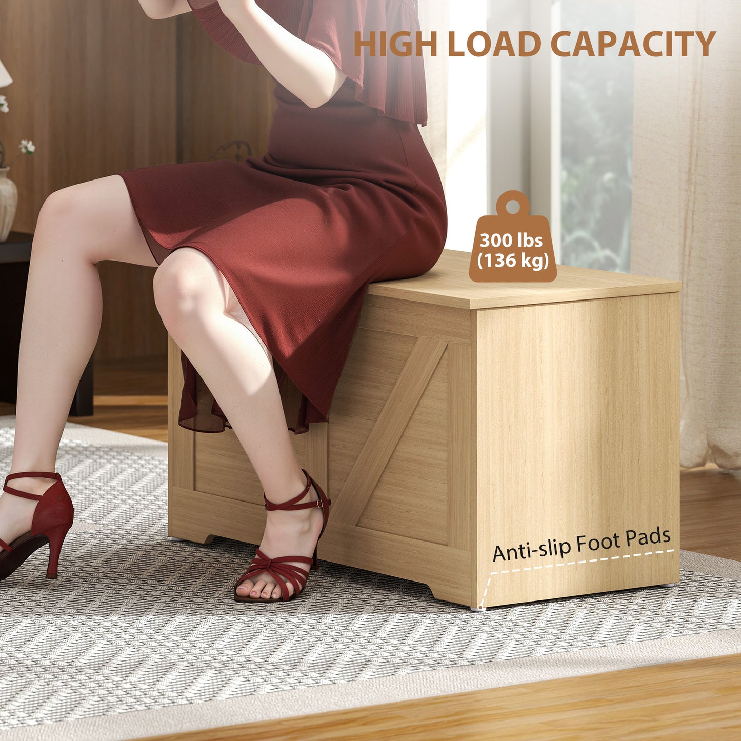 HOMCOM 100L Storage Ottoman Box With Safety Hinges Natural Wood Finish Seat And Storage