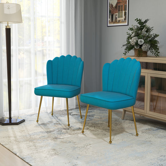 Set of 2 Velvet Feel Shell Accent Chairs with Gold Tone Legs for Living Room Blue
