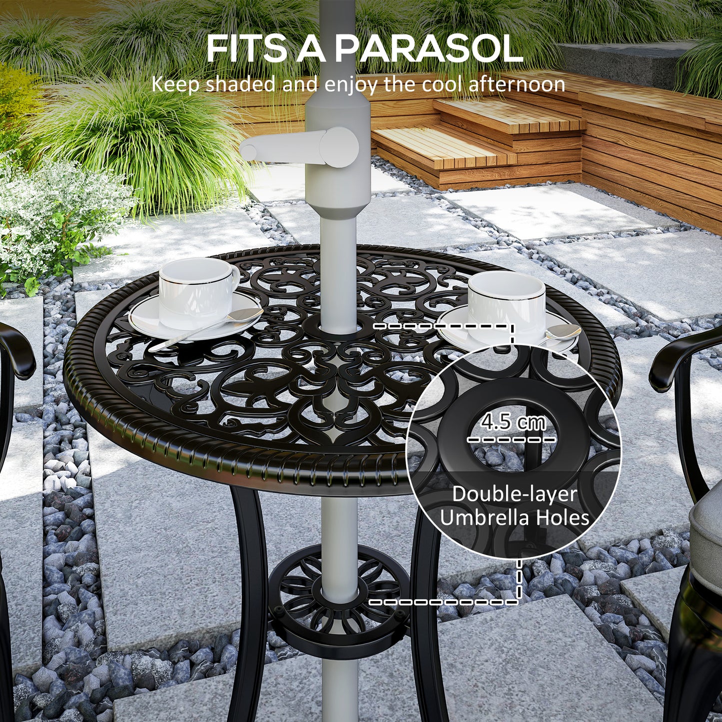 Outsunny Three Piece Cast Aluminium Bistro Set With Parasol Hole 45mm And Cushioned Seats Black