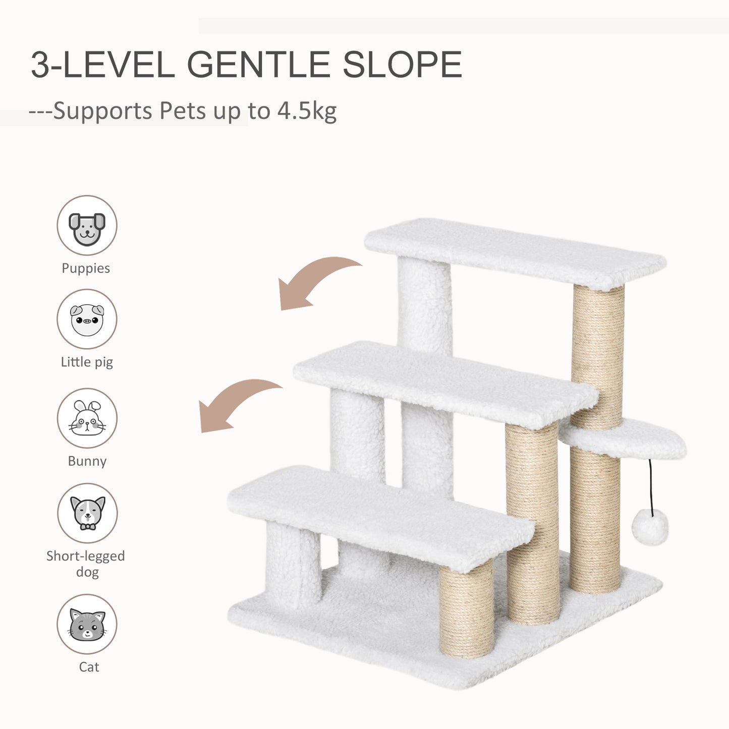 PawHut 3-Step Cat Climbing Stairs with Scratching Posts and Toy Ball for Indoor Senior Cats and Kittens - White - ALL4U RETAILER LTD