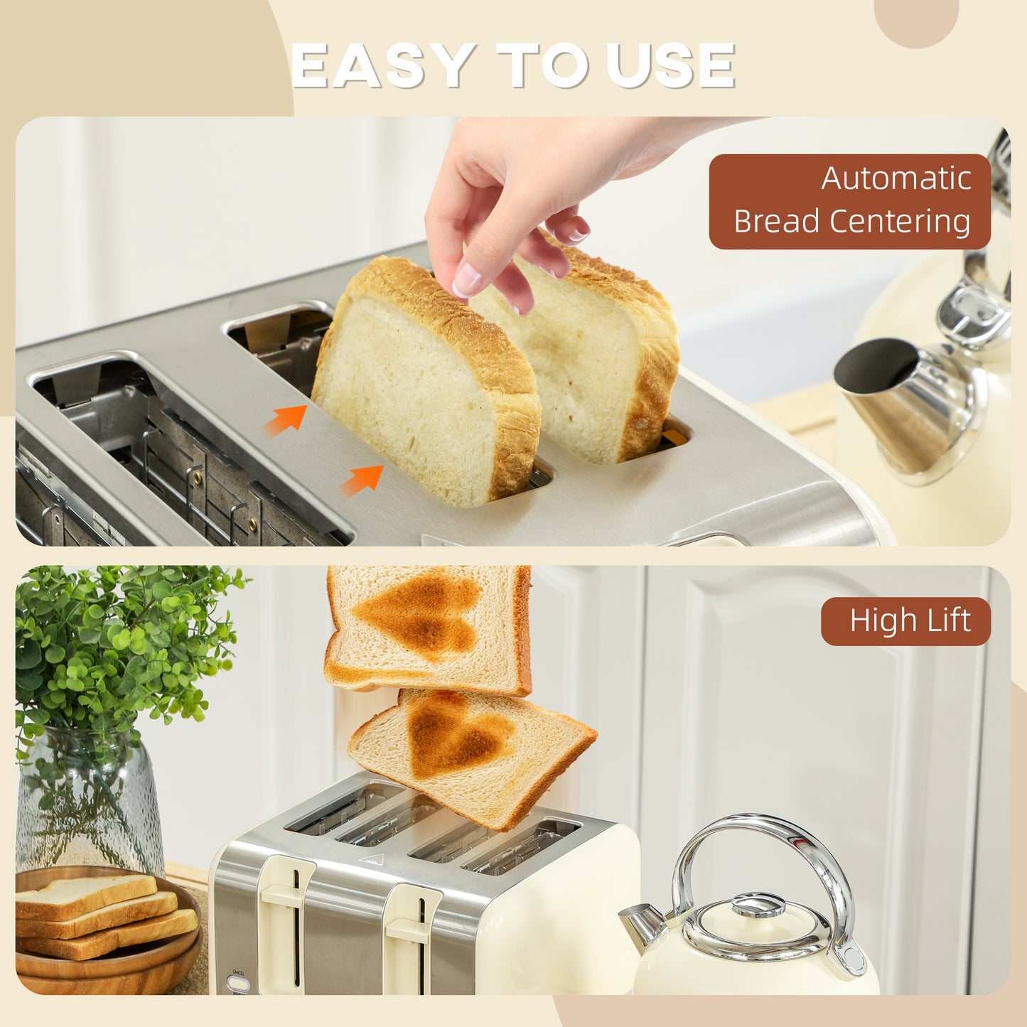 HOMCOM Cream Polished Stainless Steel Kettle and Toaster Set With Fast Boil 3000 Watt Kettle and Four Slice Toaster