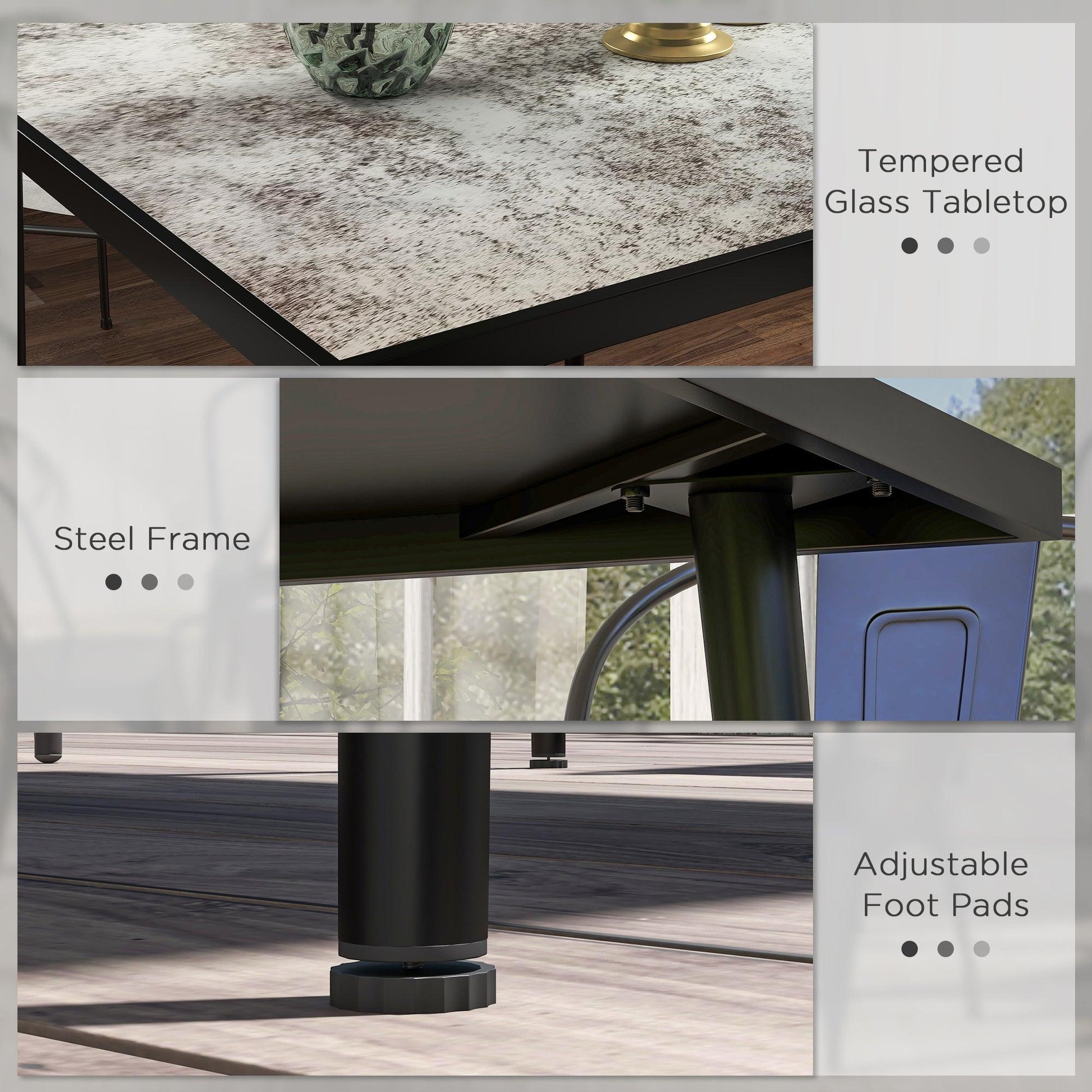 Outsunny Square Garden Table, Outdoor Dining Table for 4 with Marble Effect Tempered Glass Top and Steel Frame for Patio, Grey - ALL4U RETAILER LTD