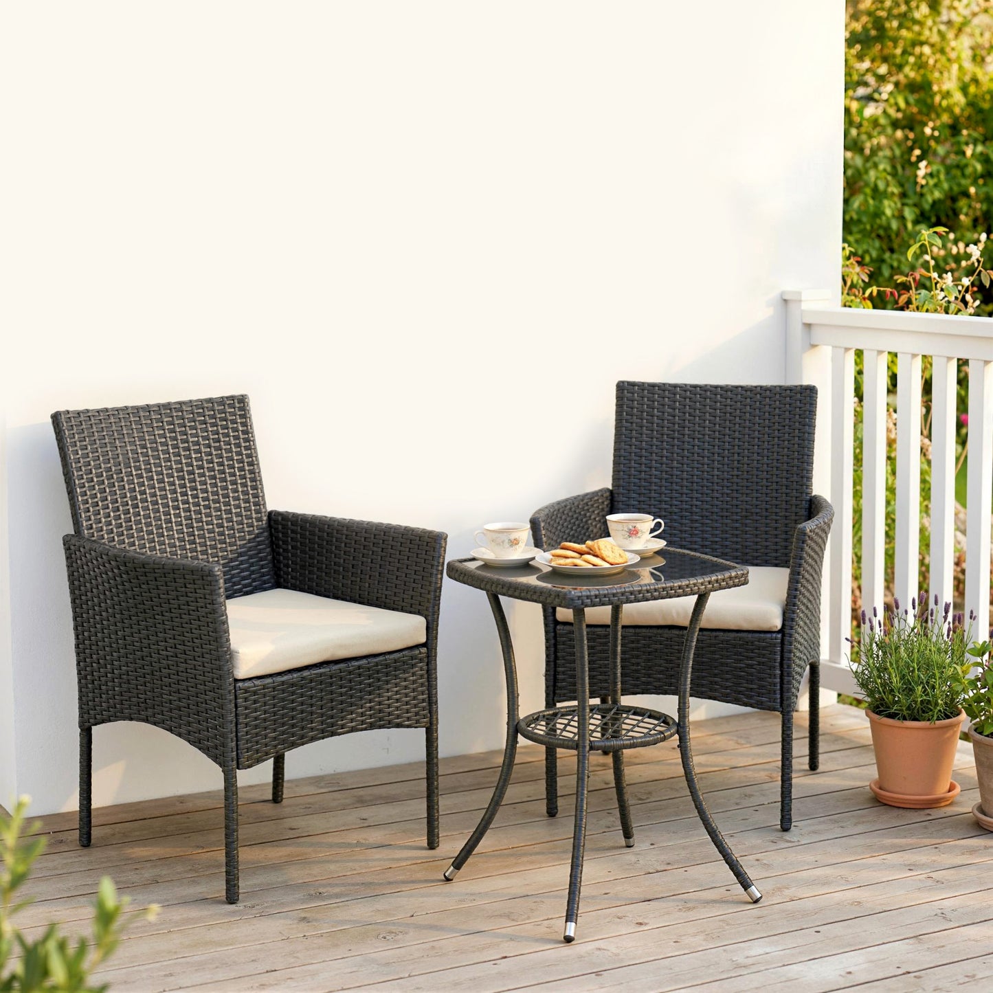 Outsunny 3 Piece Rattan Bistro Set Outdoor Cream White With 2 Tier Glass Top Table And Cushioned Chairs