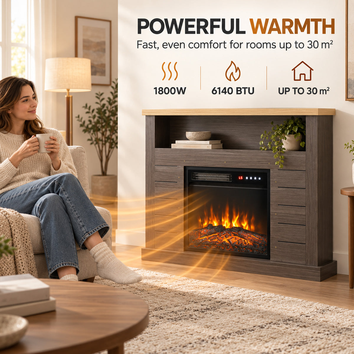 Electric fireplace TV stand emitting warm light from the flame window in a living room