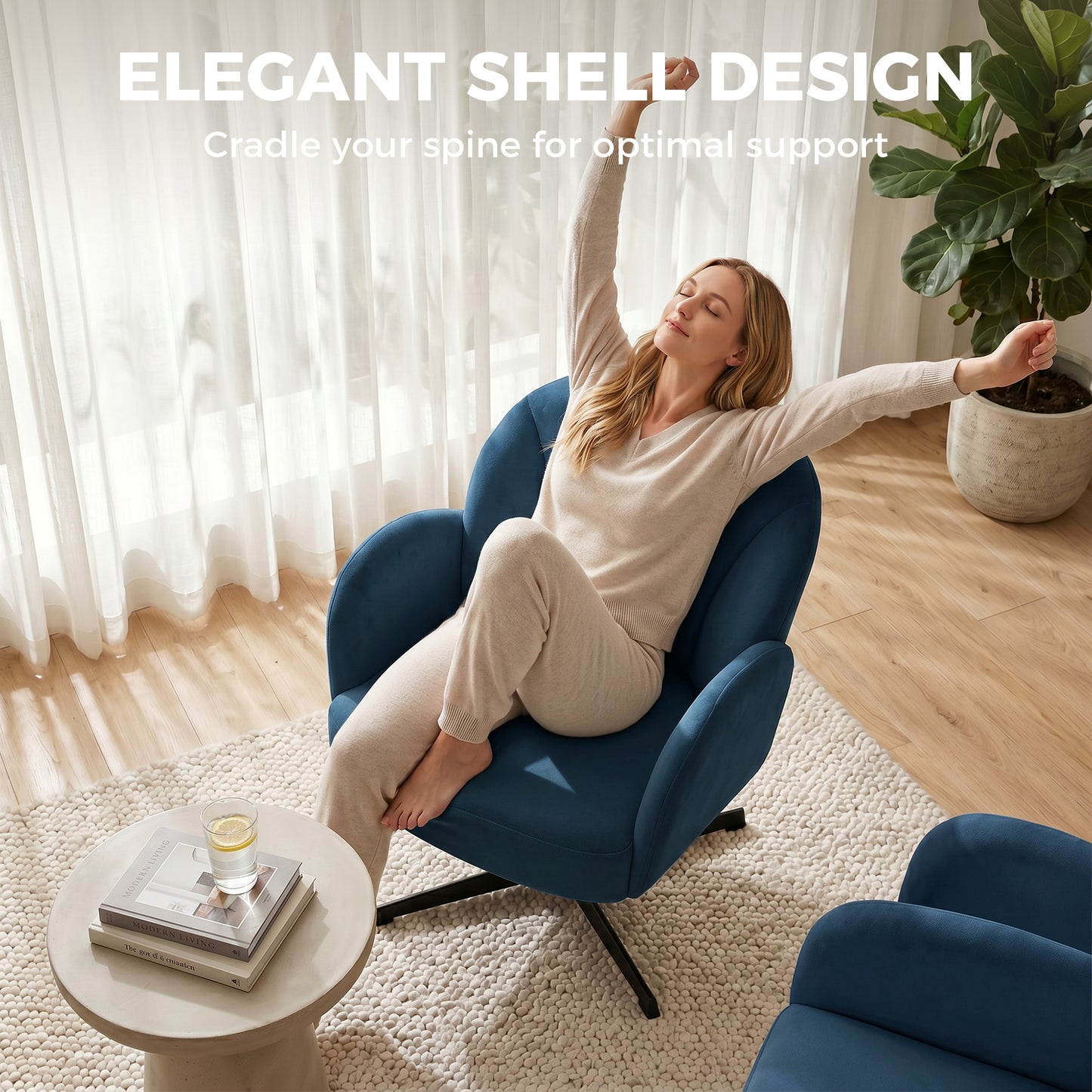 HOMCOM Swivel Accent Chair Shell Shaped Armchair With Spring Cushion And Metal Base Dark Blue