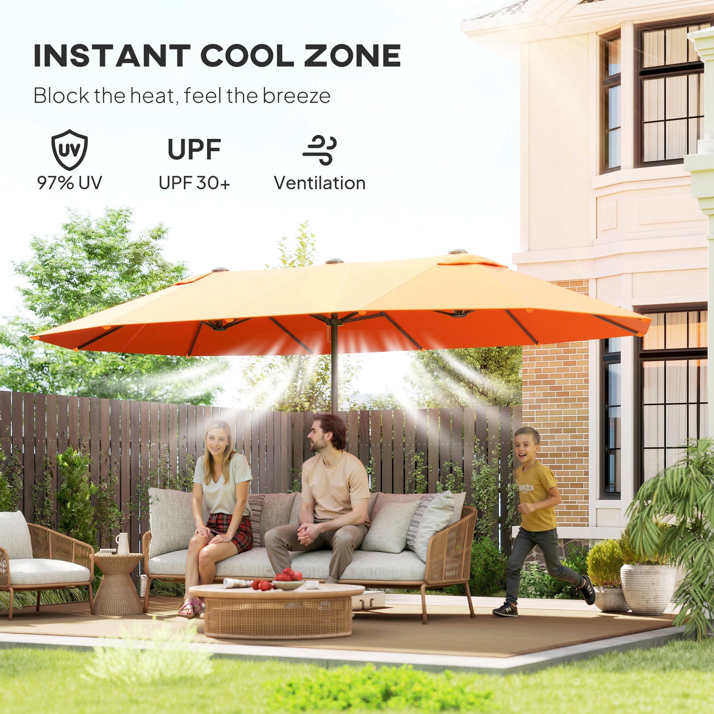 Outsunny 4.6m Double Garden Parasol Orange Sun Shelter With Durable Metal Frame And 12 Rib Canopy