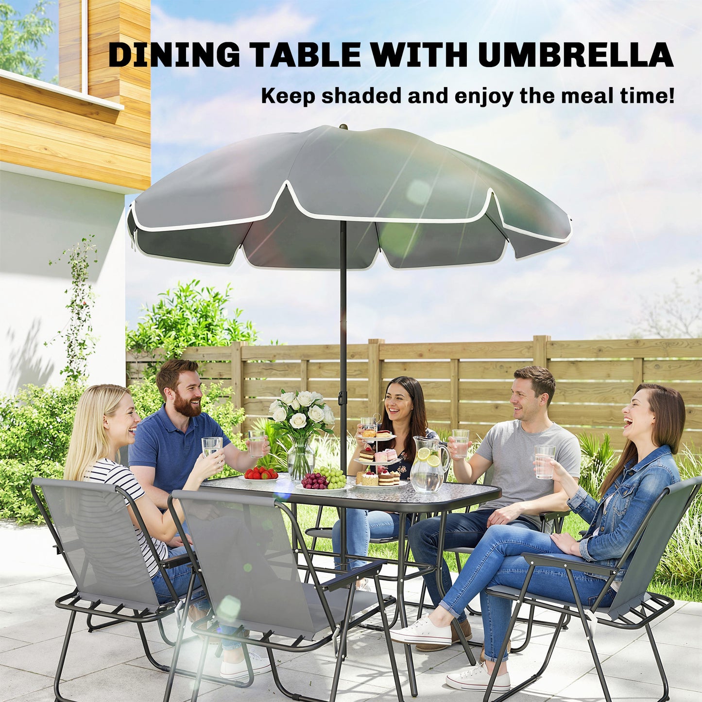 Outsunny 8 Piece Garden Dining Set With Umbrella And Folding Chairs Tempered Glass Table For Patio Grey