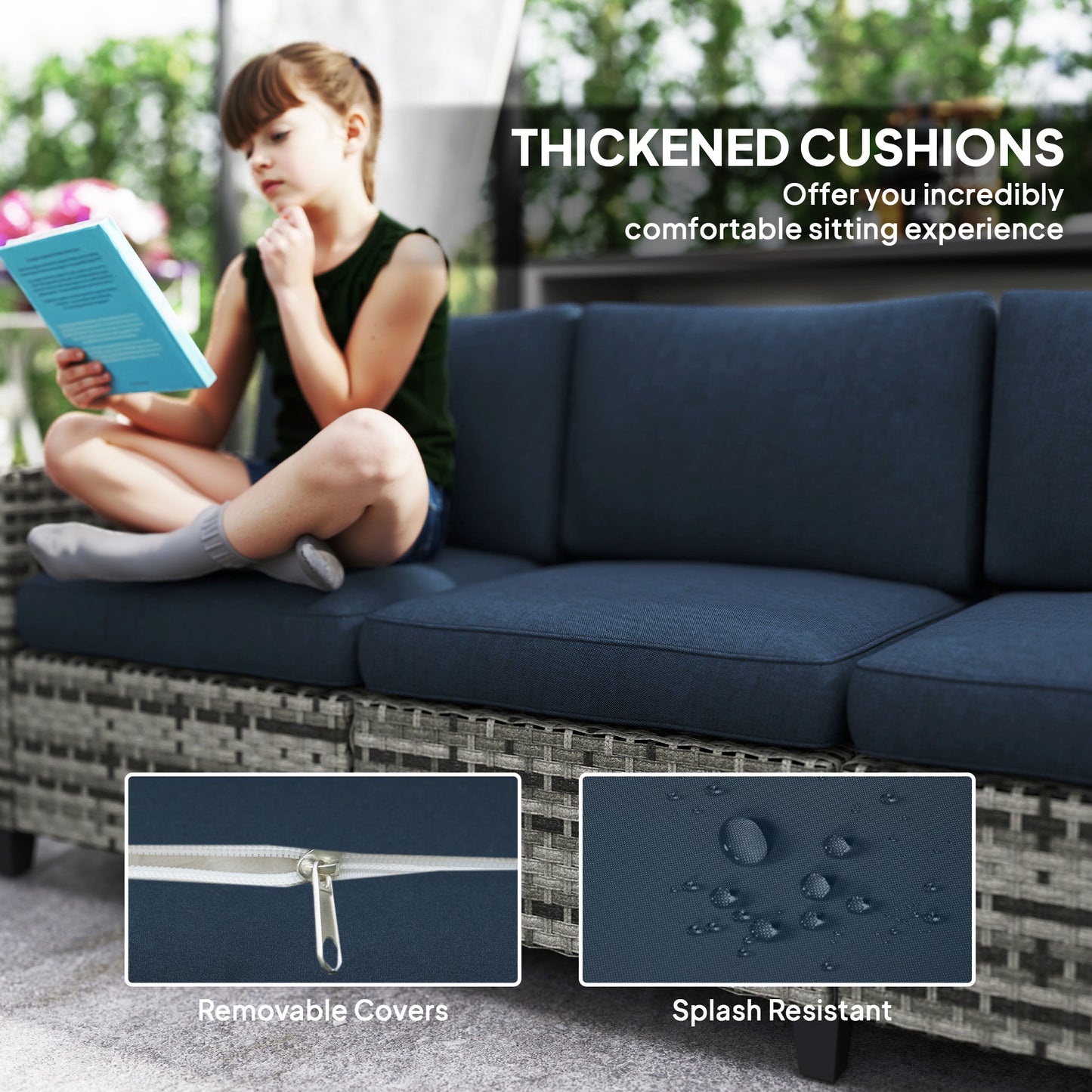 Outsunny Six Piece Modular Rattan Sofa Set Navy Blue Outdoor Garden Furniture With Table And Corner Chairs