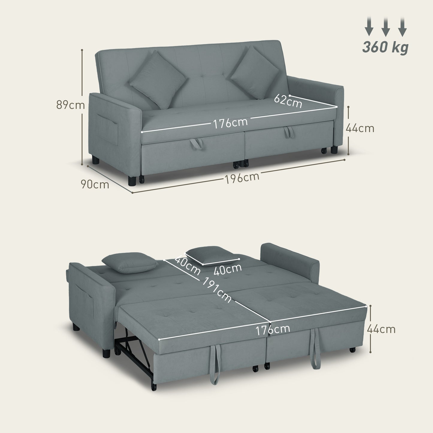 HOMCOM Luxurious Three Seater Velvet Feel Sofa Bed Grey With Click Clack Mechanism Wheels And Pull Handles