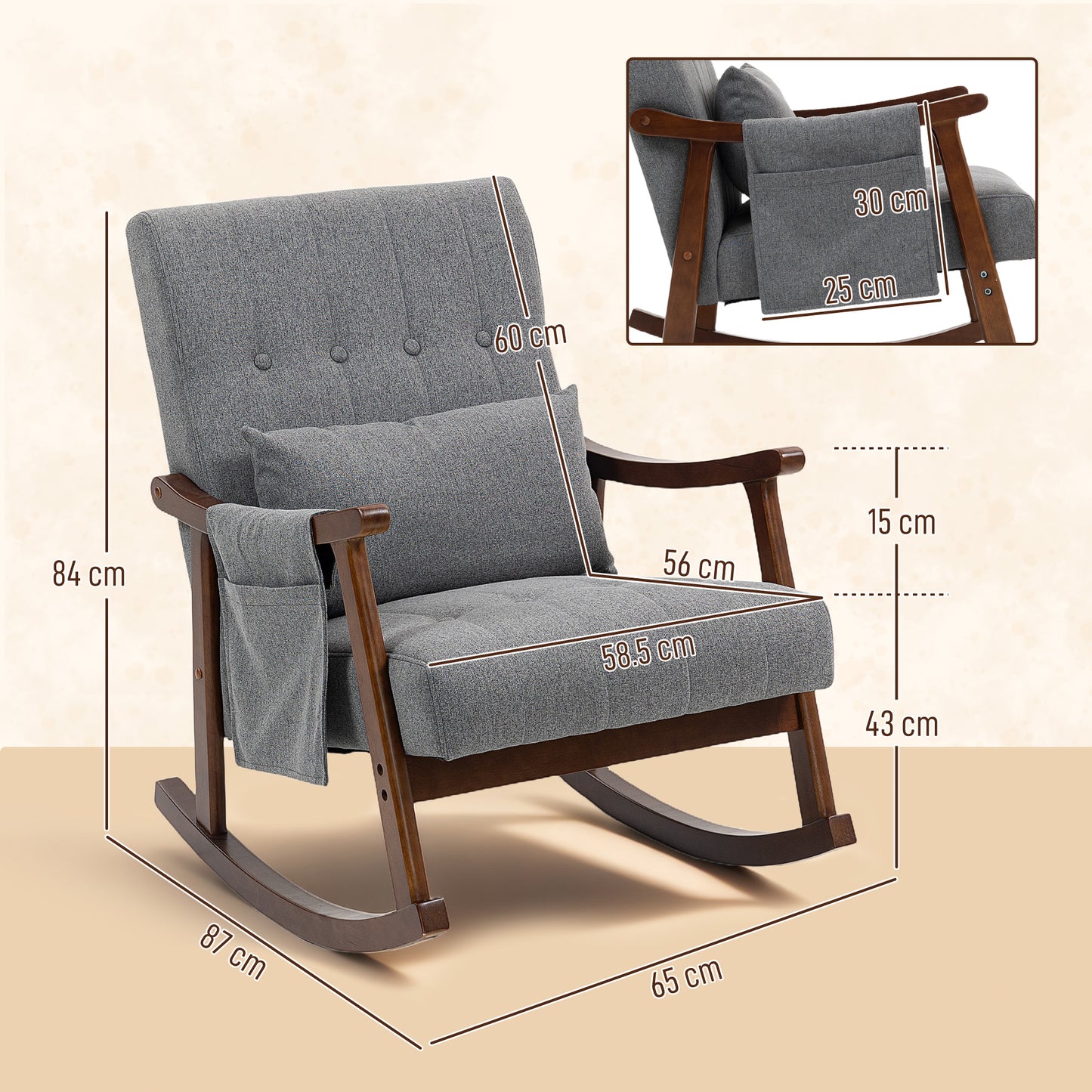 HOMCOM Wood Frame Rocking Armchair Grey With Padded Seat And Back For Cozy Lounging