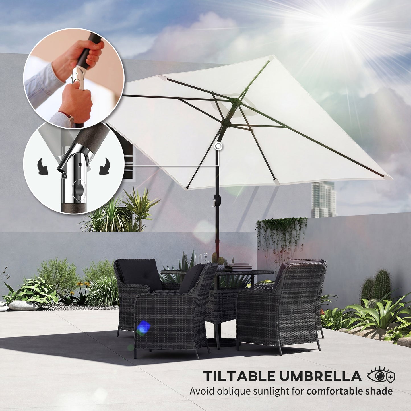 Outsunny Garden Parasol Umbrella With Crank Handle Tilt Function Cream White 180g Polyester Canopy