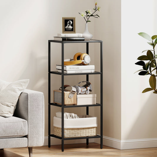 HOMCOM 4-Tier Glass Shelving Unit Vertical Storage For Living Room Home Office Bedroom Bathroom Black