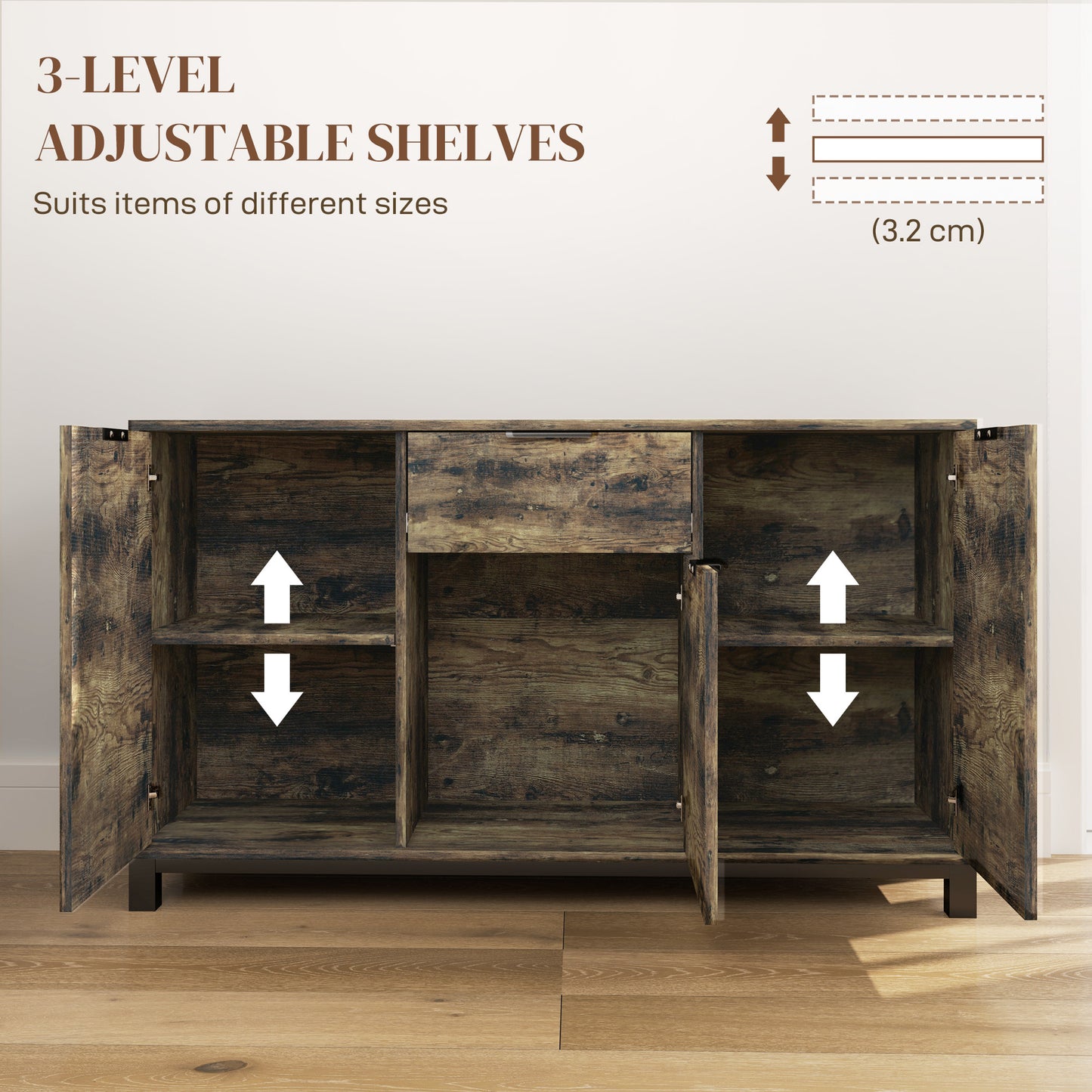 HOMCOM Industrial Sideboard Storage Cabinet With Doors Drawers Cupboard Adjustable Shelves Living Room Rustic Brown