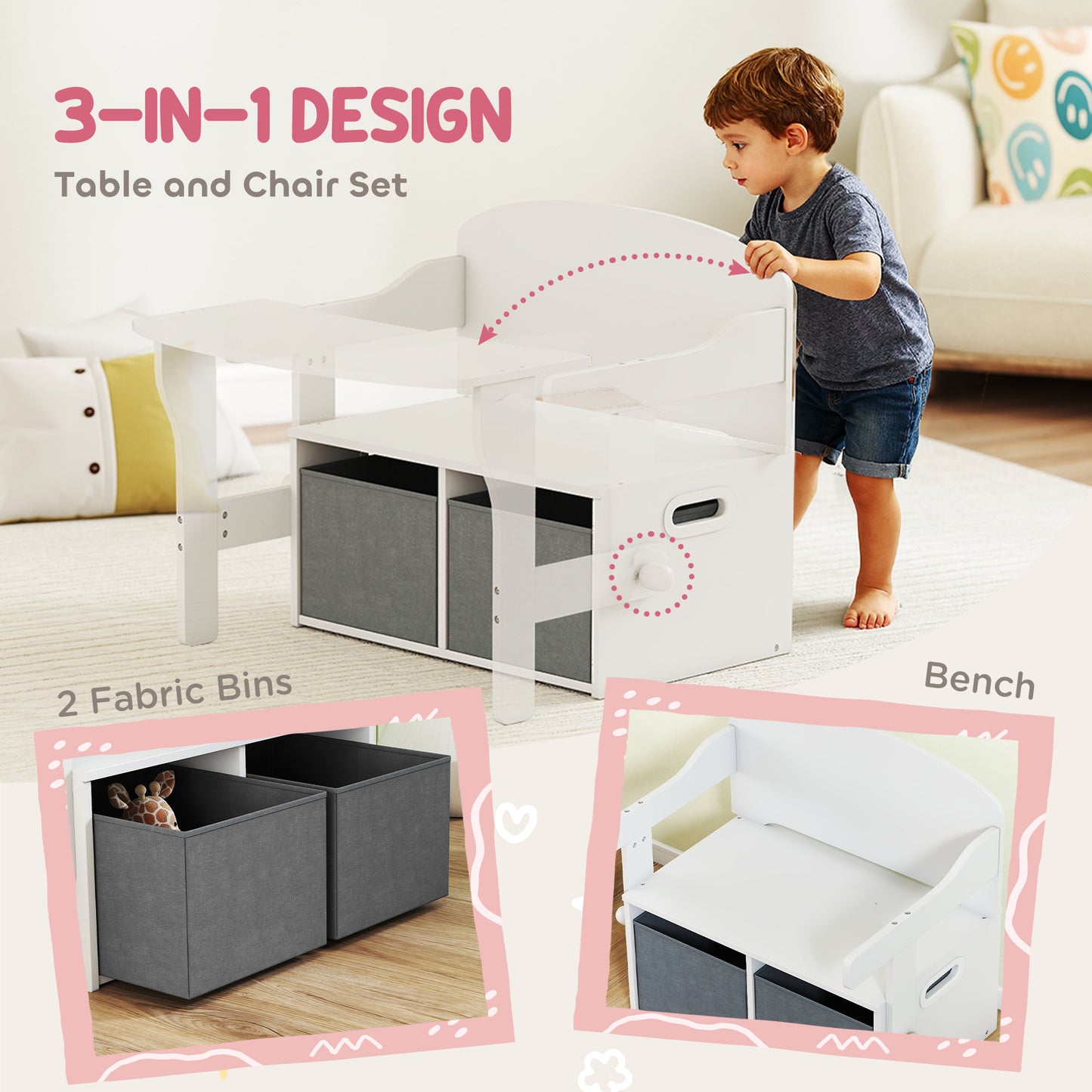 AIYAPLAY 3 In 1 Kids Storage Bench Table And Chair Set With 2 Fabric Bins Toy Storage Box White