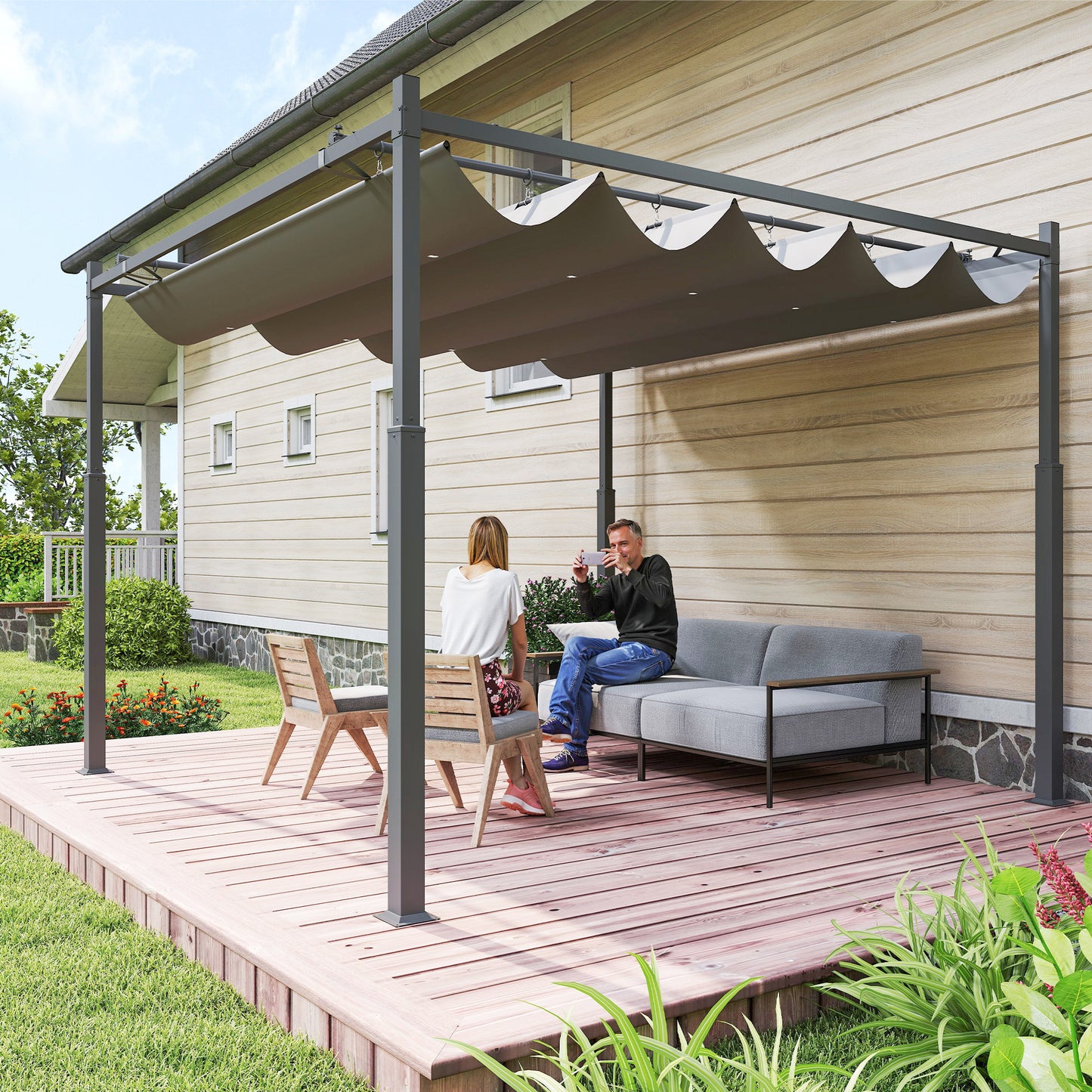 Outsunny 3x3m Metal Pergola With Retractable Roof And Magnetic Fixture Outdoor Gazebo Canopy UPF30 80mm Column Grey