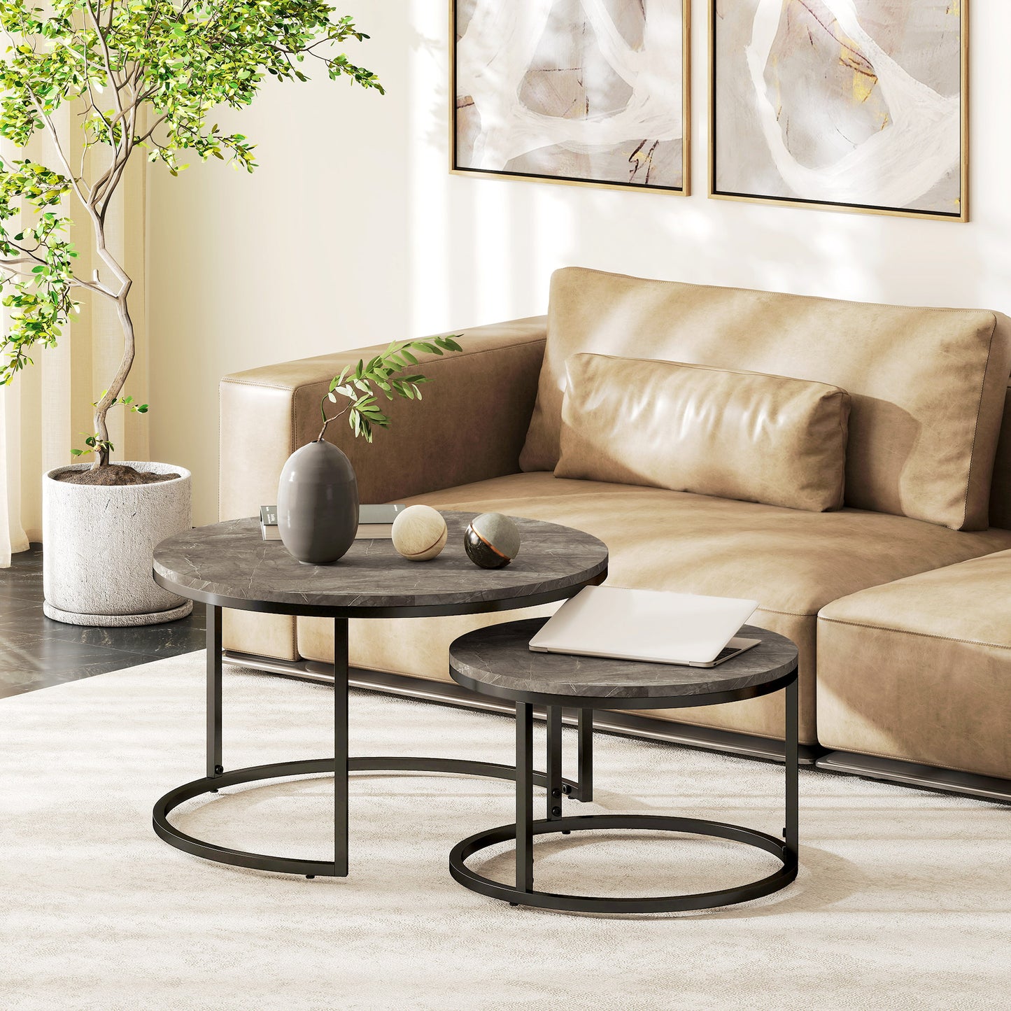 HOMCOM Industrial Nesting Round Coffee Tables Set 2 With Faux Marbled Top And Steel Frame
