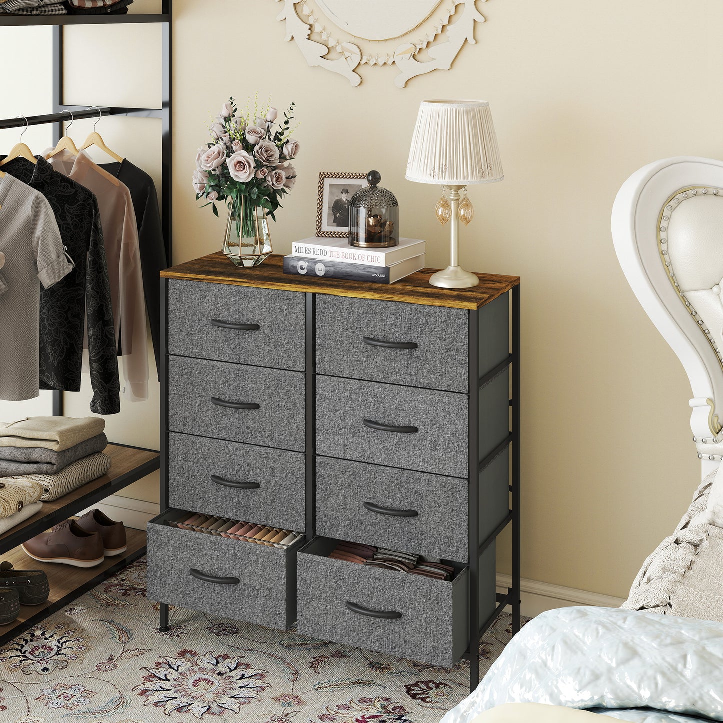 Fabric Chest Of Drawers With Eight Drawers Steel Frame With Wood Top Rustic Brown Grey For Bedroom Nursery Living Room