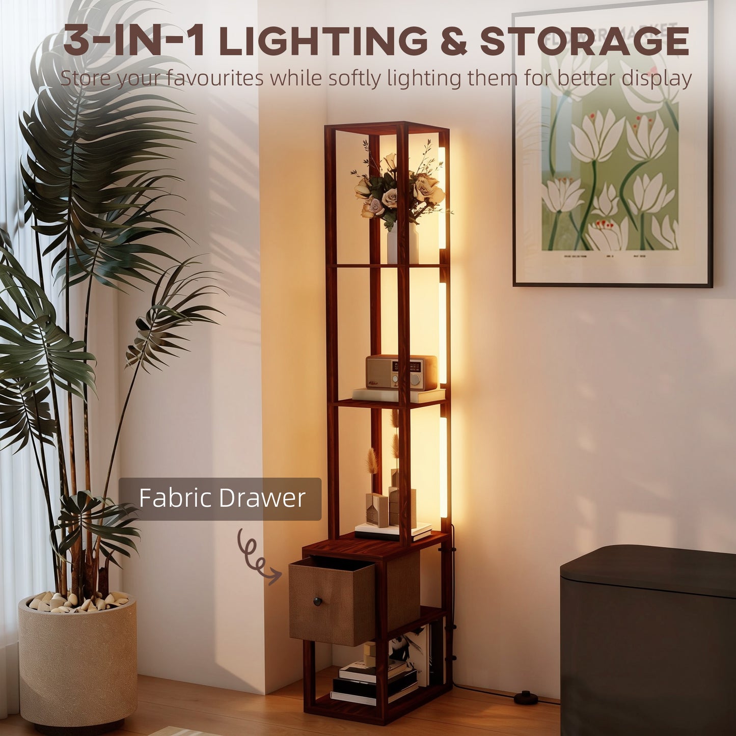 HOMCOM Floor Lamp With Shelves And Fabric Drawer LED Column Standing Lamp Adjustable Brightness Foot Switch Dark Brown