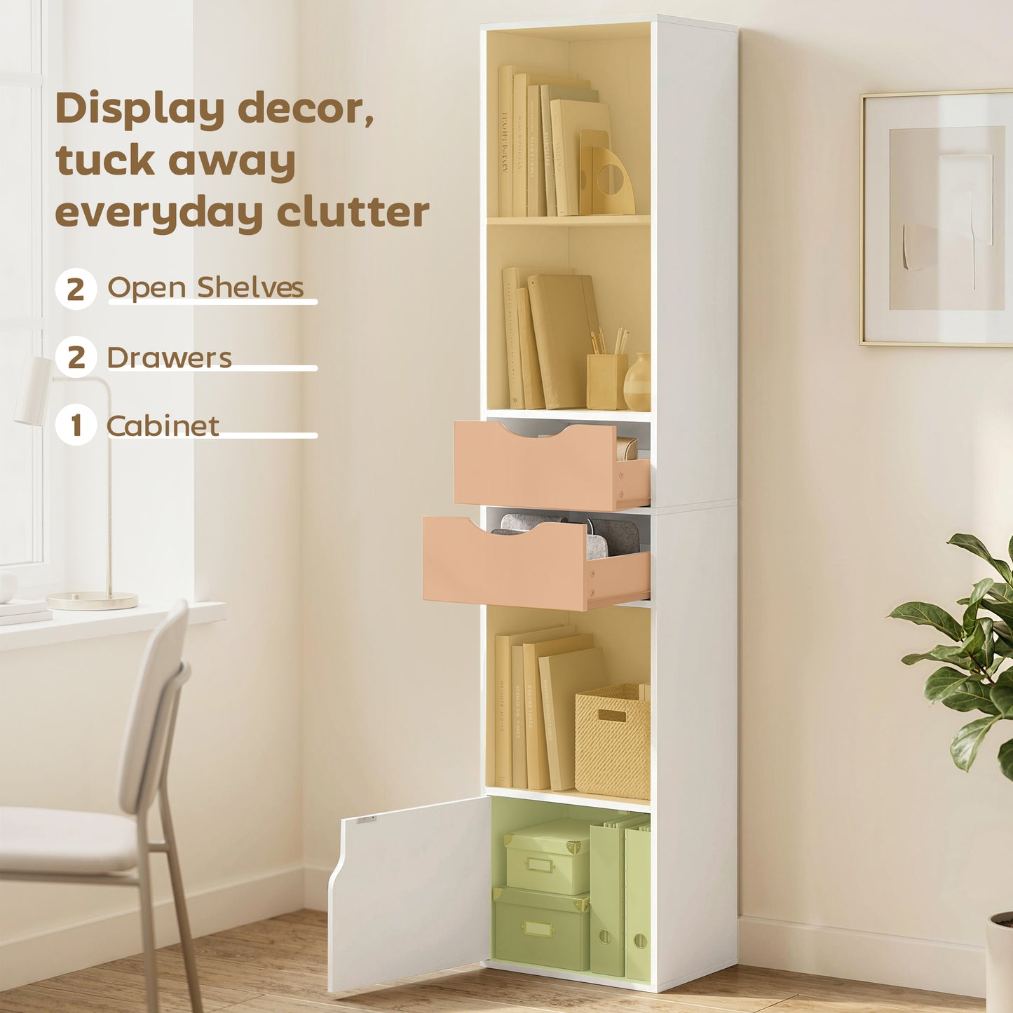 HOMCOM 158 cm White Bookcase With Two Drawers And Cabinet Adjustable Shelves Open Storage