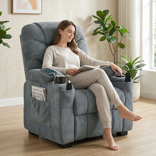 Dark grey recliner armchair with side storage pockets and padded armrests, reclined