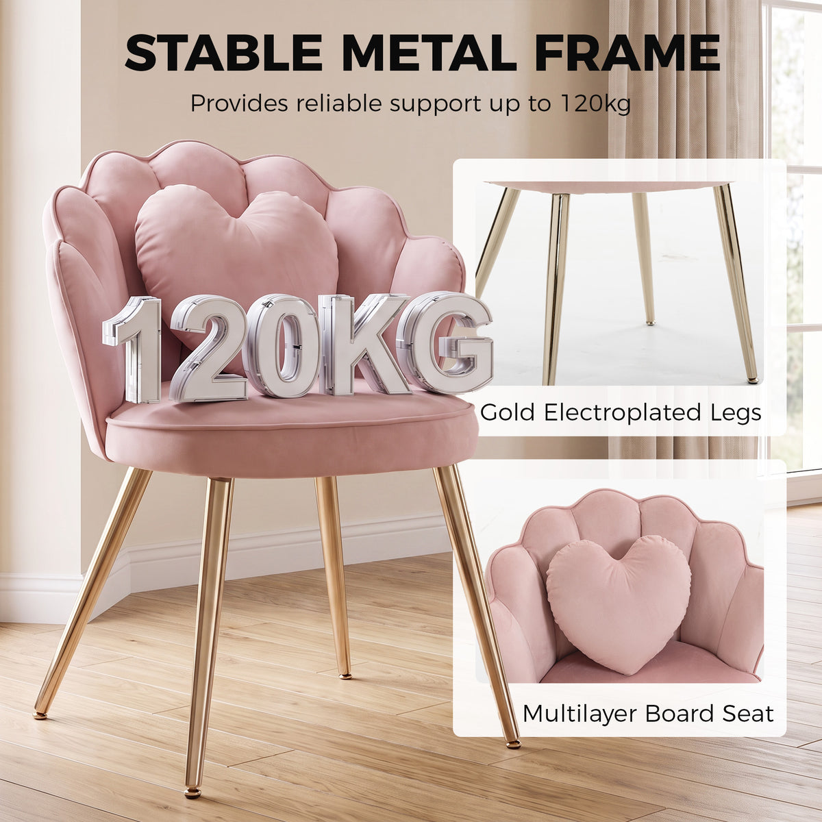 HOMCOM Velvet Accent Chair With Lotus Back And Heart Pillow Soft Pink