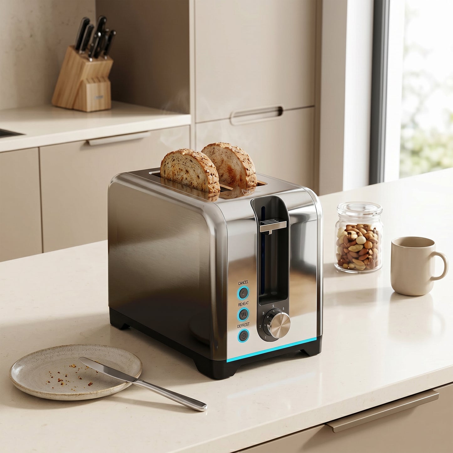 HOMCOM 2 Slice Toaster With 7 Browning Levels Reheat Defrost And Cancel Functions