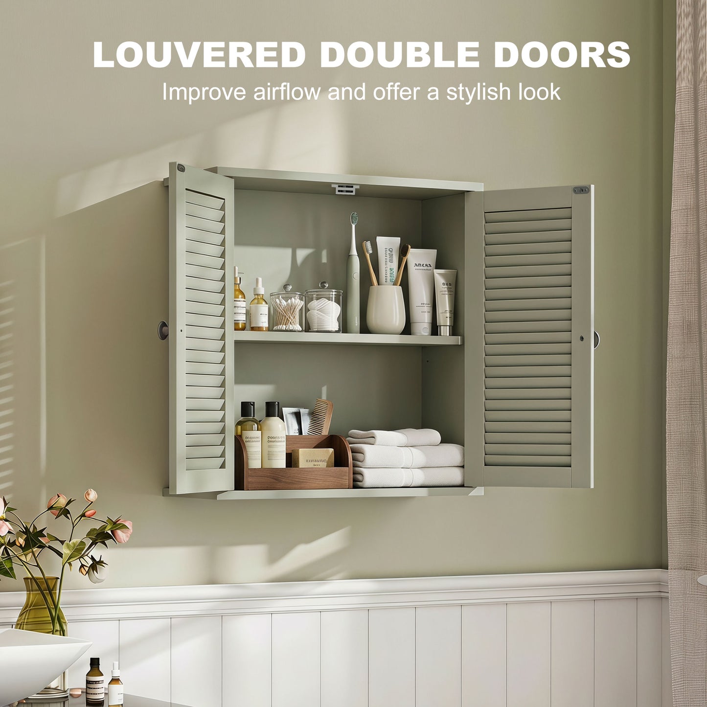 HOMCOM Bathroom Wall Cabinet With Louvered Doors And Adjustable Shelf Storage Light Green
