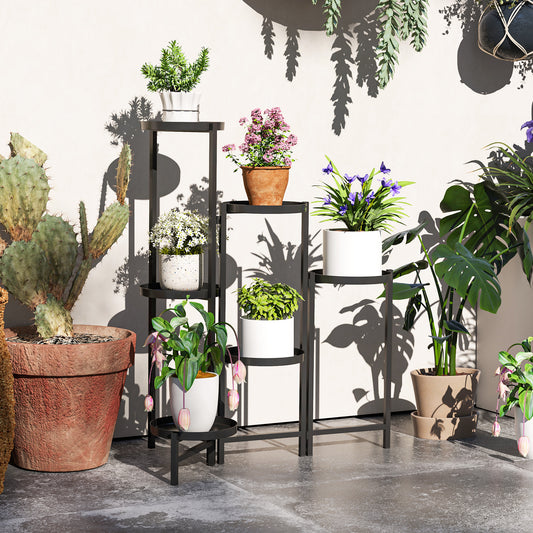Outsunny 3 Tier Plant Stand Indoor Outdoor Foldable Corner For Multiple Plants Metal Round Flower Pot Holder Black