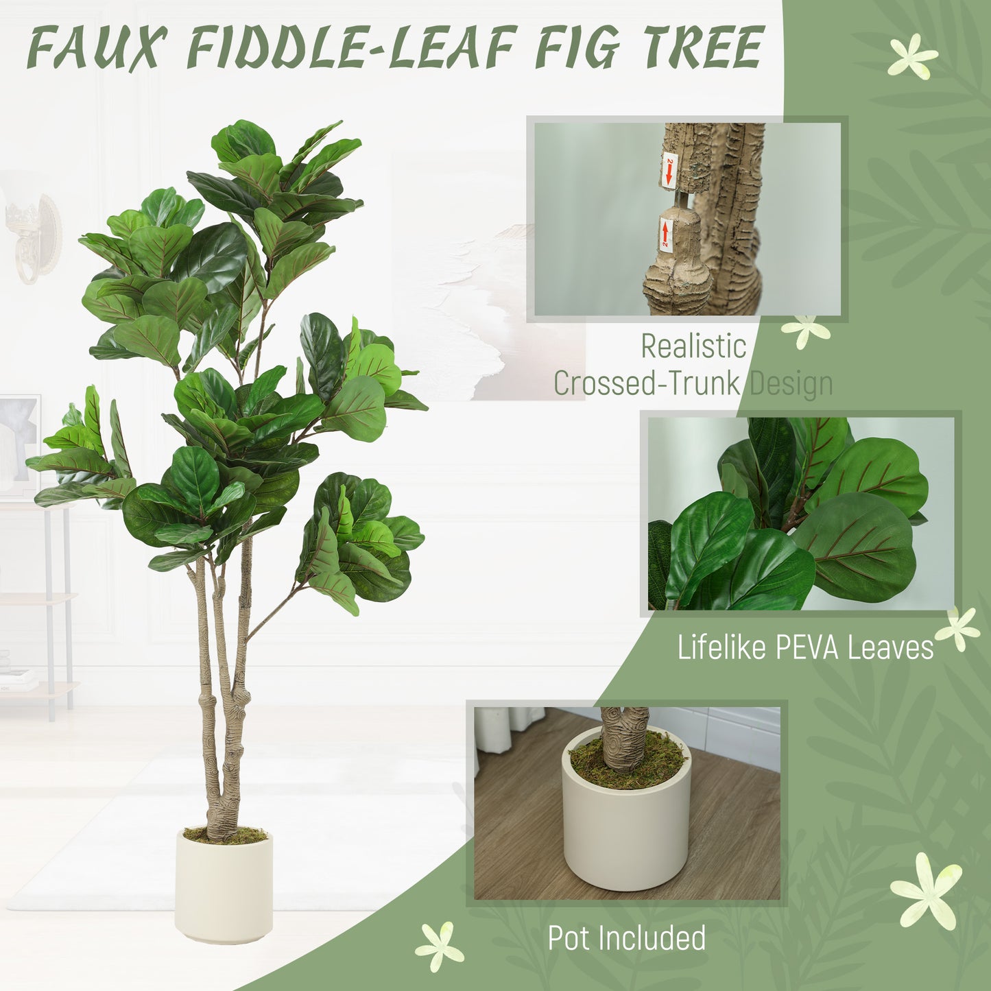 HOMCOM 180cm Artificial Fiddle Leaf Fig Tree White Cement Planter Realistic Leaves Textured Trunk
