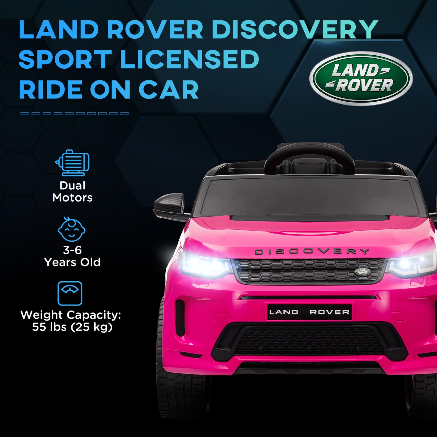 AIYAPLAY Licensed Pink 12V Land Rover Discovery Sport Kids Ride-On Car with Remote Control, Lights, Music & Horn for Ages 3-6