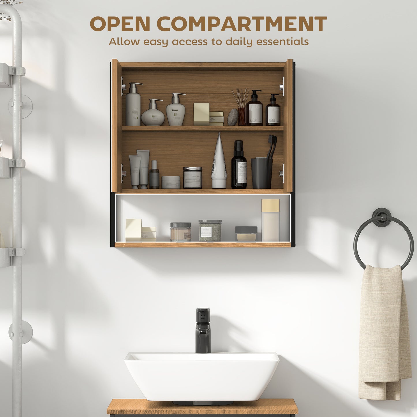 HOMCOM Bathroom Mirror Cabinet With Soft Close Doors And Adjustable Shelf In Natural Wood Finish For Modern Bathrooms