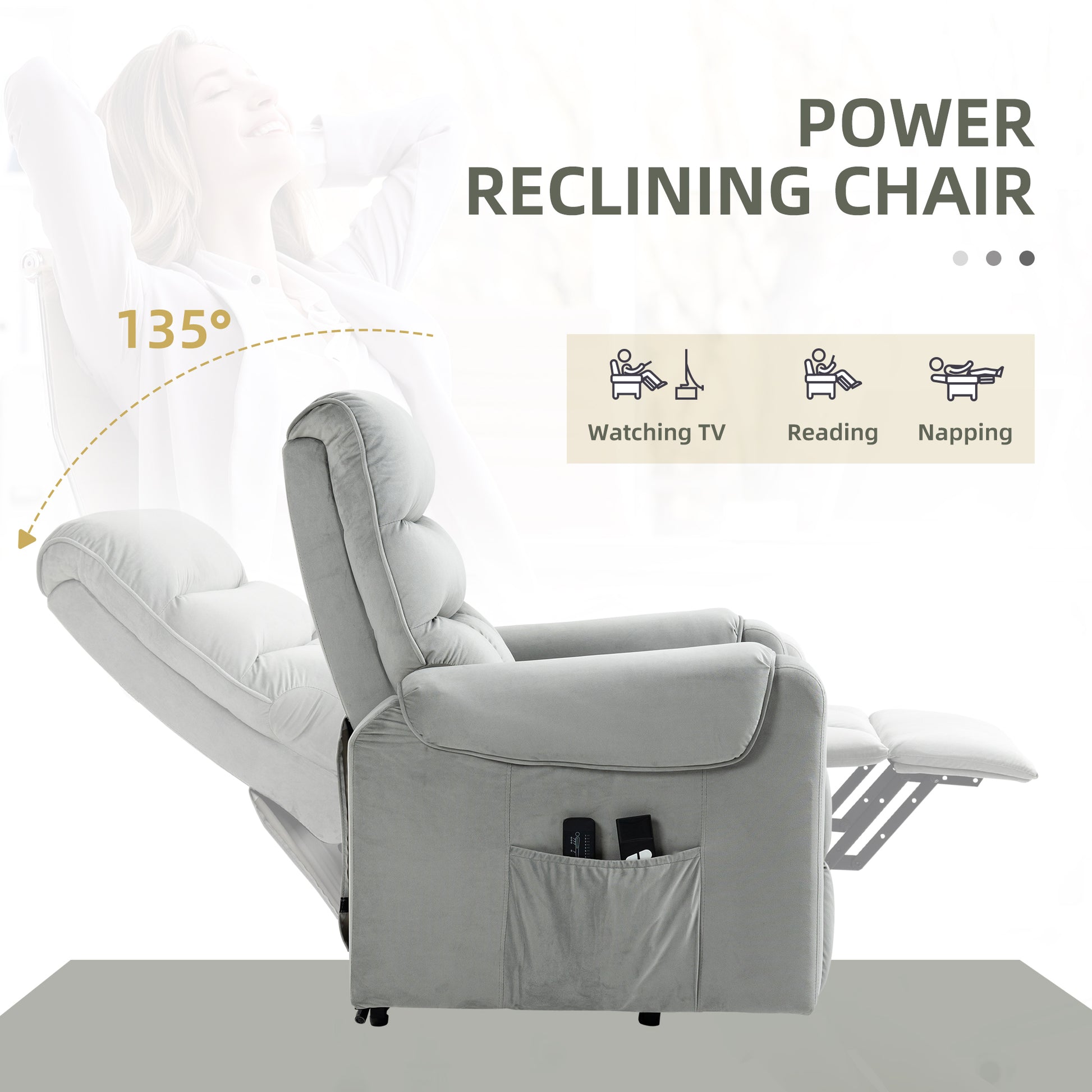 HOMCOM Electric Lift Recliner Chair with Vibration Massage and Remote Control, Grey Velvet Armchair - ALL4U RETAILER LTD