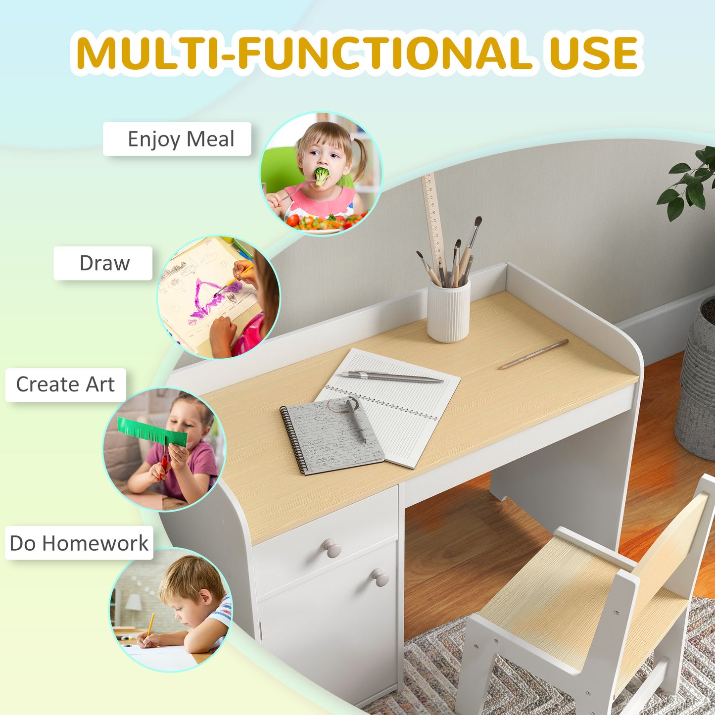 ZONEKIZ Kids Desk And Chair Set For 3 To 6 Years With Storage Drawer White Study Table And Chair