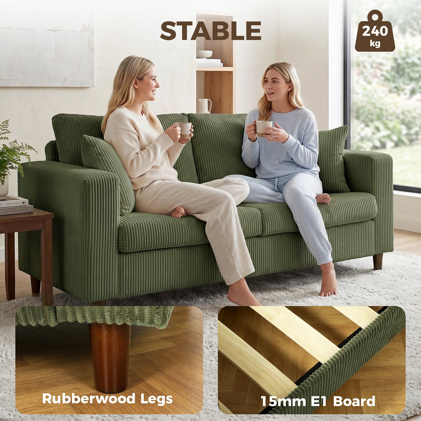 HOMCOM Corduroy Loveseat Sofa With Wide Seat 2 Seater Couch Deep Seat Spring Cushion Green